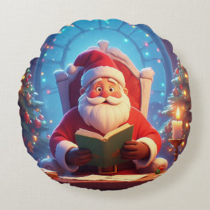 Der Weihnachtsmann liest ein Buch bei Kerzenlicht Rundes Kissen