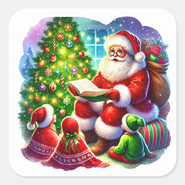 Der Weihnachtsmann liest eine Geschichte vom Chris Quadratischer Aufkleber (Vorderseite)