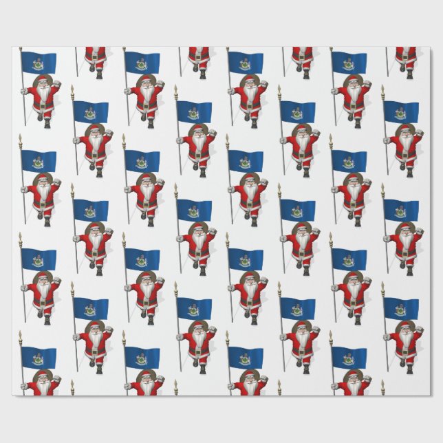 Der Weihnachtsmann mit der Flagge von Maine Geschenkpapier (Flach)