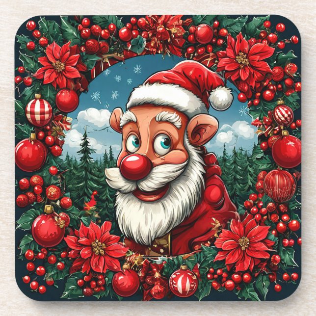 Der Weihnachtsmann mit Kranz und Ornamenten Getränkeuntersetzer (Vorderseite)