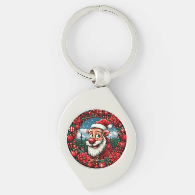 Der Weihnachtsmann mit Kranz und Ornamenten Schlüsselanhänger (Vorderseite)