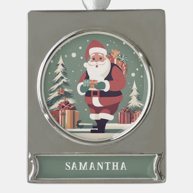 Der Weihnachtsmann Mitte des Jahrhunderts, moderne Banner-Ornament Silber (Vorderseite)