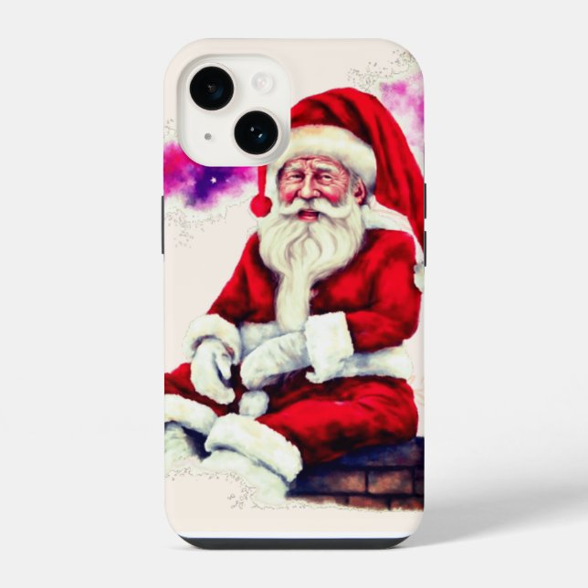 Der Weihnachtsmann sitzt mit Wolken an der Ziegelw iPhone 14 Hülle (Rückseite)