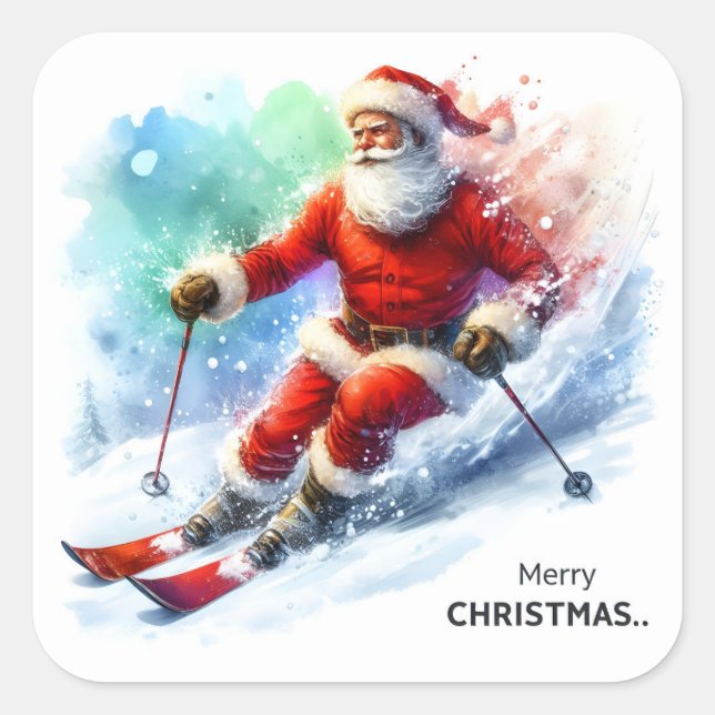Der Weihnachtsmann Skifahren auf dem Snowy Mountai Quadratischer Aufkleber (Vorderseite)