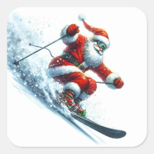 Der Weihnachtsmann Skifahren auf dem Snowy Mountai Quadratischer Aufkleber