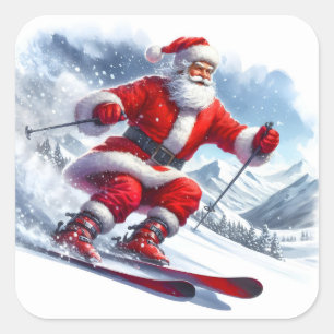 Der Weihnachtsmann Skifahren auf dem Snowy Mountai Quadratischer Aufkleber