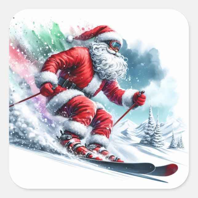 Der Weihnachtsmann Skifahren im Winter Schneeberg  Quadratischer Aufkleber (Vorderseite)