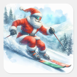 Der Weihnachtsmann Skifahren im Winter Schneeberg  Quadratischer Aufkleber