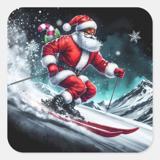Der Weihnachtsmann Skifahren im Winter Schneeberg  Quadratischer Aufkleber (Vorderseite)