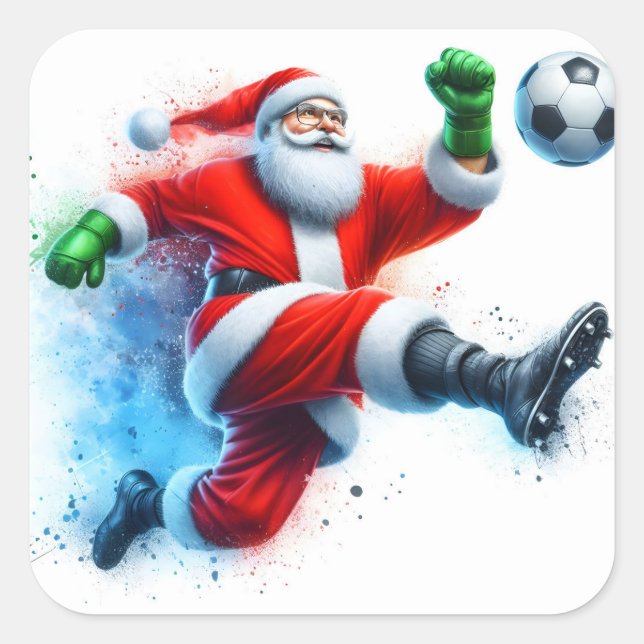 Der Weihnachtsmann spielt einen Fußballball in ein Quadratischer Aufkleber (Vorderseite)
