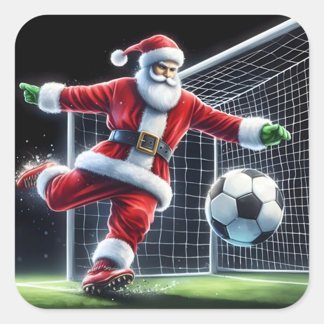 Der Weihnachtsmann spielt Fußball in einem Winterw Quadratischer Aufkleber (Vorderseite)