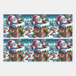 Der Weihnachtsmann steckt in einem Kamin mit spiel Geschenkpapier Set