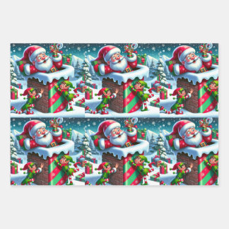 Der Weihnachtsmann steckt in einem Kamin mit spiel Geschenkpapier Set