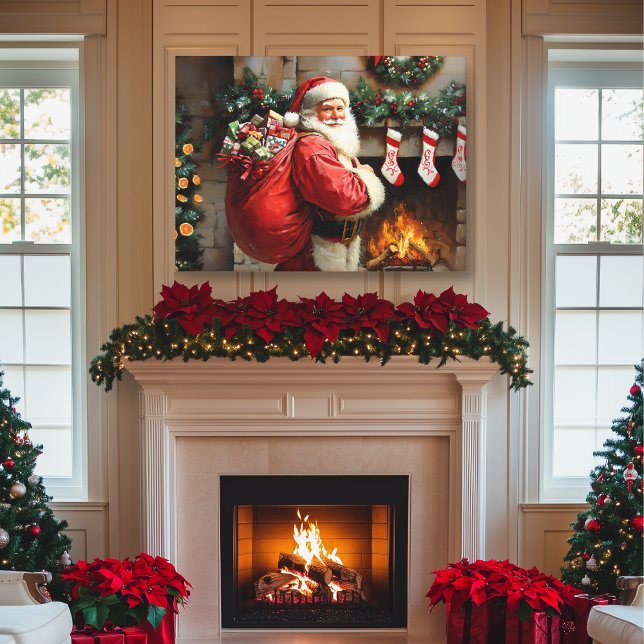 Der Weihnachtsmann Stehend vor einem Kamin Leinwanddruck (Santa Claus Canvas Wall Art Over Fireplace)