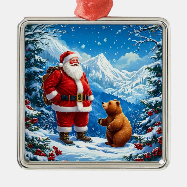 Der Weihnachtsmann trifft sich mit freundlichem Bä Ornament Aus Metall (Vorne)