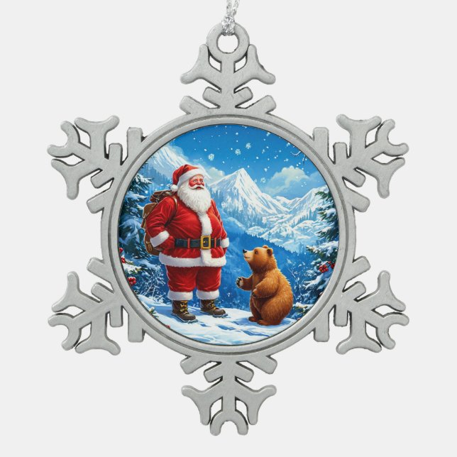 Der Weihnachtsmann trifft sich mit freundlichem Bä Schneeflocken Zinn-Ornament (Vorderseite)