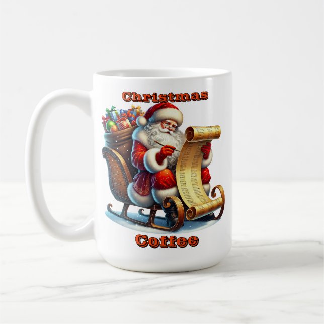 Der Weihnachtsmann überprüft seine Liste mit einem Kaffeetasse (Links)