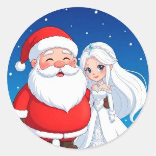 Der Weihnachtsmann umarmt eine Schneekönigin Runder Aufkleber