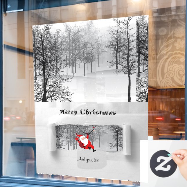 Der Weihnachtsmann und die Pinienbäume mit Schneeb Fensteraufkleber (Café-Fenster)