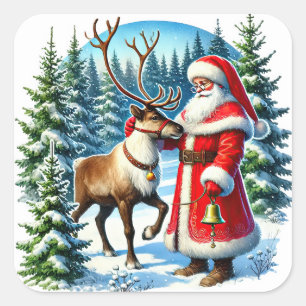 Der Weihnachtsmann und Rentier im Schneewald Quadratischer Aufkleber