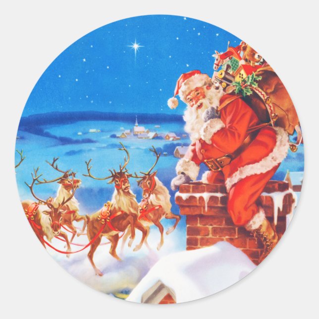 Der Weihnachtsmann und sein Rentier auf dem Dach Runder Aufkleber (Vorderseite)
