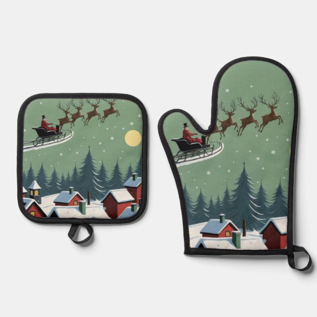 Der Weihnachtsmann und sein Schlitten Ofenhandschuh & Topflappen-Set (Vorderseite)