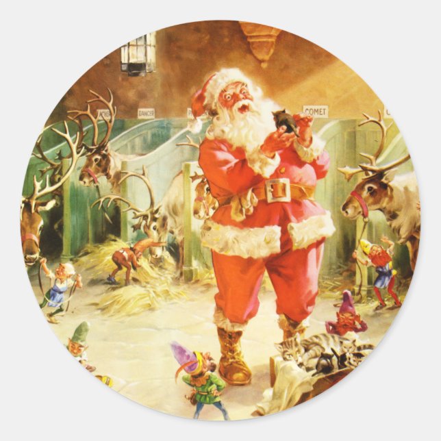 Der Weihnachtsmann und seine Elfen im Nordpol Runder Aufkleber (Vorderseite)