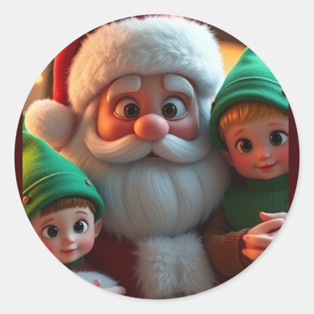 Der Weihnachtsmann und seine Elfen Runder Aufkleber (Vorderseite)