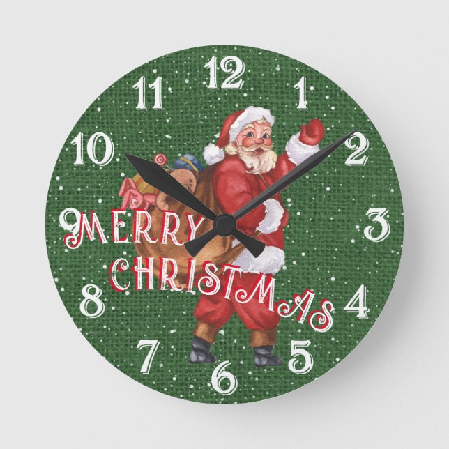 Der Weihnachtsmann und seine Spielzeugtasche - fro Runde Wanduhr (Vorderseite)