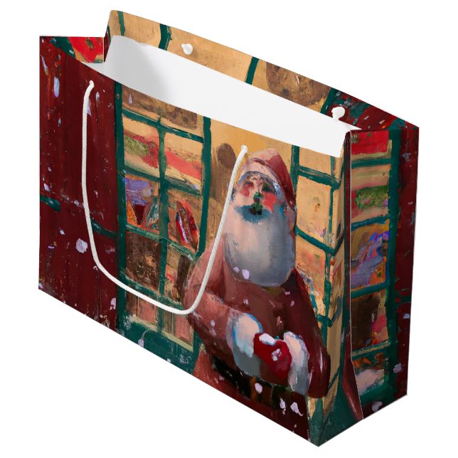 Der Weihnachtsmann vor dem Spielzeugladen Kunst Große Geschenktüte (Vorderseite Schrägansicht)