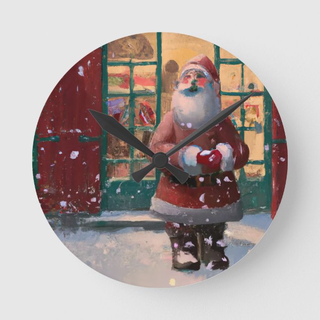 Der Weihnachtsmann vor dem Spielzeugladen Kunst Runde Wanduhr (Vorderseite)