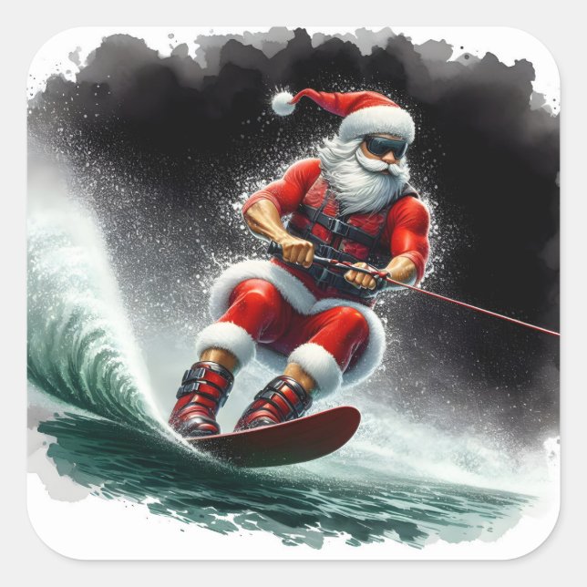 Der Weihnachtsmann Wasserski während der Festsaiso Quadratischer Aufkleber (Vorderseite)