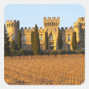 Der Weinberg mit syrah Reben und dem Chateau Quadratischer Aufkleber