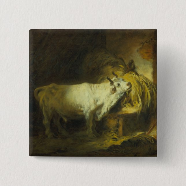 Der weiße Stier im stabilen (Öl auf Leinwand) Button (Vorderseite)