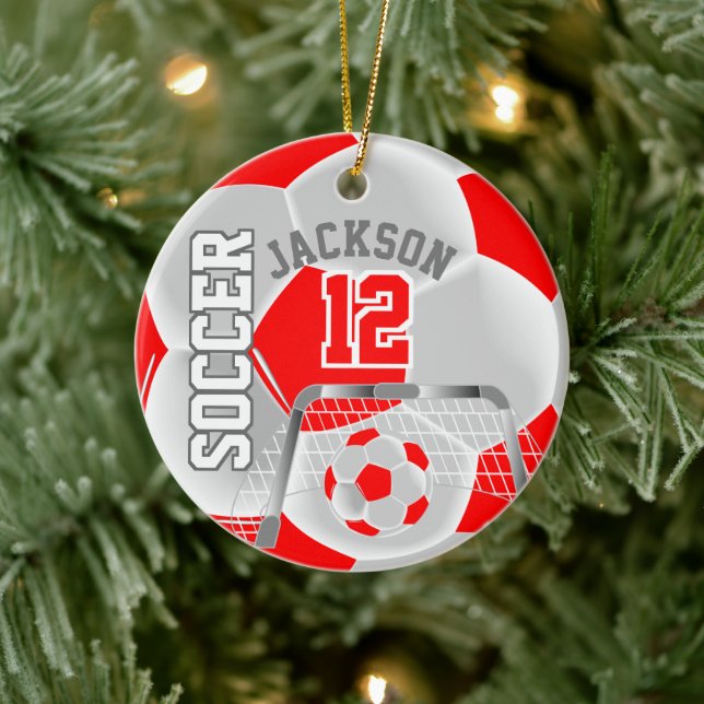 Der weiße und rote Fußballball Keramik Ornament (Baum)