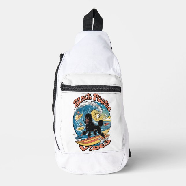 Der Wellenreiter, der schwarzes Poodle surft Crossbody Bag (Vorderseite)