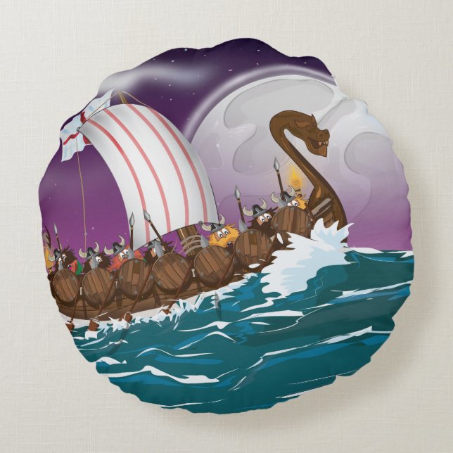 Der Wikingschiff-Cartoon Rundes Kissen (Rückseite)