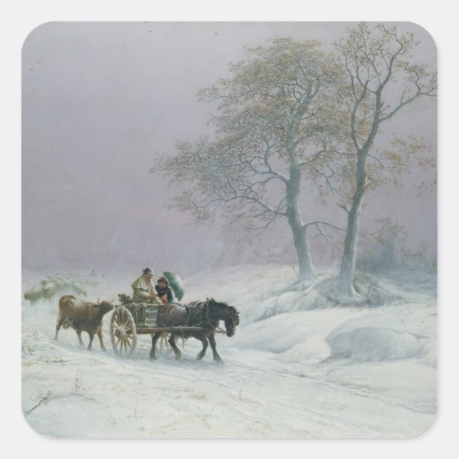 Der winterliche Weg zum Markt Quadratischer Aufkleber (Vorderseite)