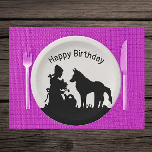 Der Wolf mit Rotkäppchen schwarzer Silhouette Pappteller