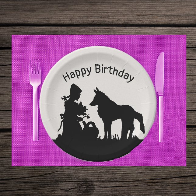 Der Wolf mit Rotkäppchen schwarzer Silhouette Pappteller (Red riding hood with flowers talking to the wolf in black silhouette on white paper party plates.)