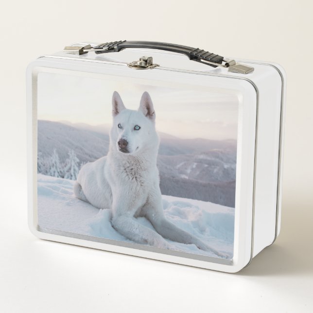Der zauberhafte Weiße Husky-Hund im Schnee Metall Brotdose (Vorderseite)