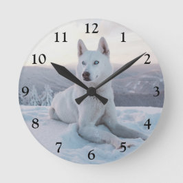 Der zauberhafte Weiße Husky-Hund im Schnee Runde Wanduhr