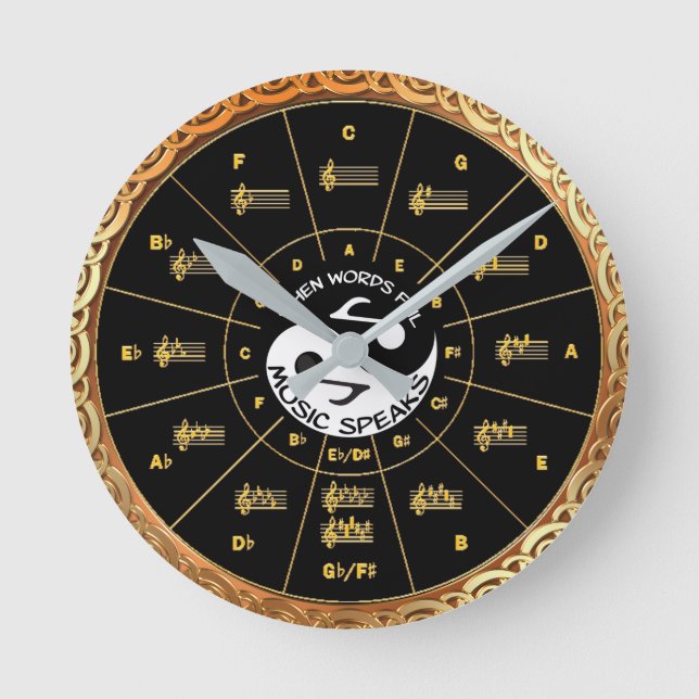 Der Zirkel der Musik spricht über Gold und Schwarz Runde Wanduhr (Vorderseite)