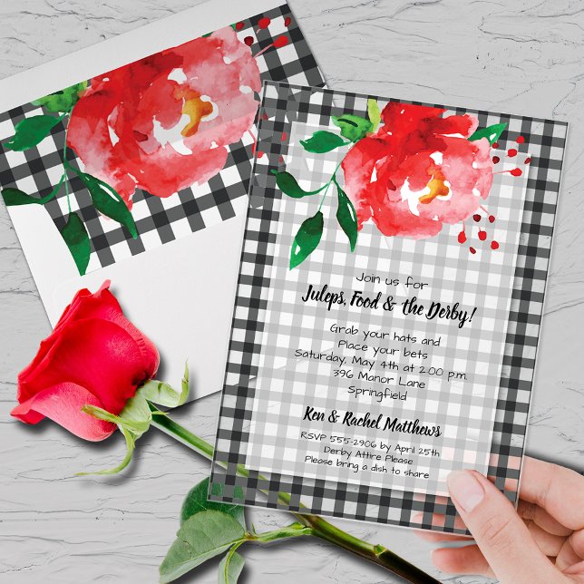 Derby Day Rote Rose über Gingham Acryleinladungen (Derby day party clear acrylic invitations with red rose on black and white gingham and your details)