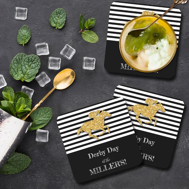 Derby Gold Racehorse and Jockey on Black Stripes Getränkeuntersetzer (Derby gold racehorse and jockey on black and white stripes beverage coasters)