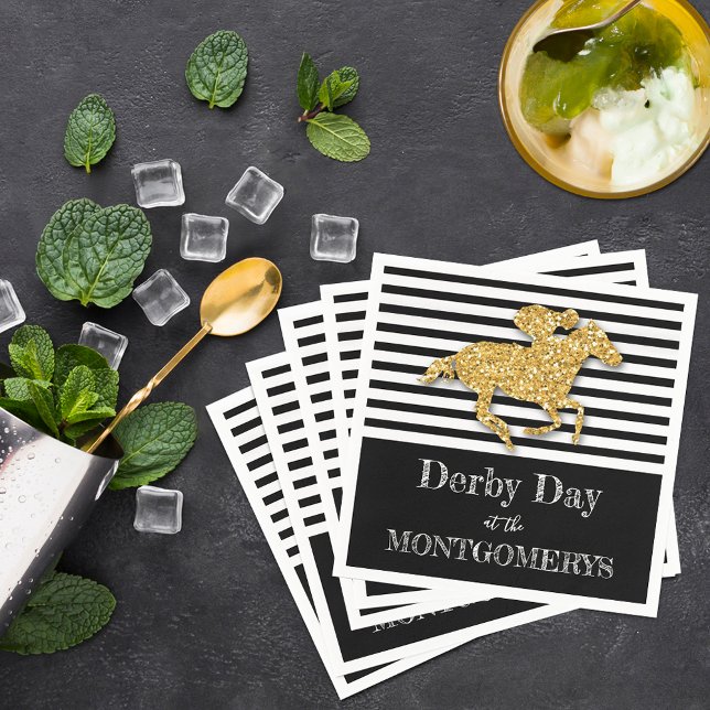 Derby Gold Racehorse Black and White Stripes Serviette (Derby gold racehorse on black and white stripes personalized napkins)