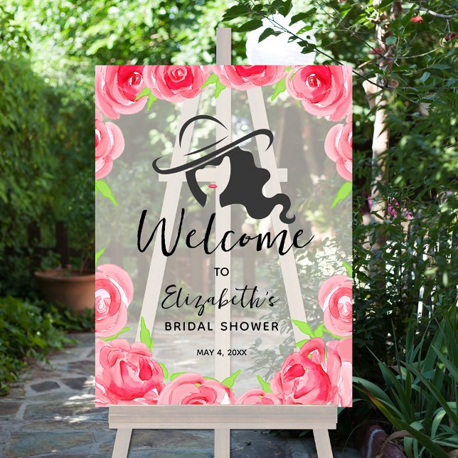 Derby Hat und Rose Brautparty Willkommen Acrylschild (Lady in Derby hat and roses border bridal shower acrylic welcome sign)