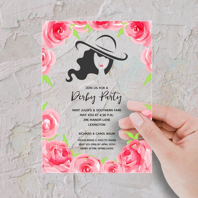 Derby Hat und Rose Derby Party Acryleinladungen (Lady in her Derby hat with rose border on acrylic invitations - order clear or frosted)