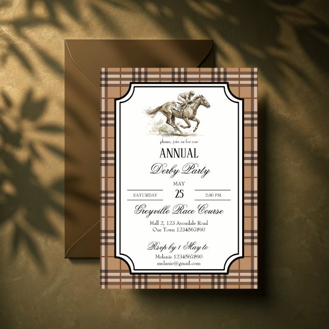 Derby horse racing party elegant gingham einladung (Derby horse racing party elegant brown gingham invitation cards template equestrian party invites)