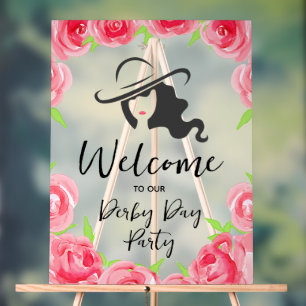 Derby-Hut-Dame-Silhouette und Rosen Willkommen Acrylschild